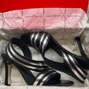 New Adrianna Papell Edison Silver Black Leather Heels Sandals 7.5
